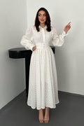 WHITE EMBROIDERED BELTED MAXI DRESS