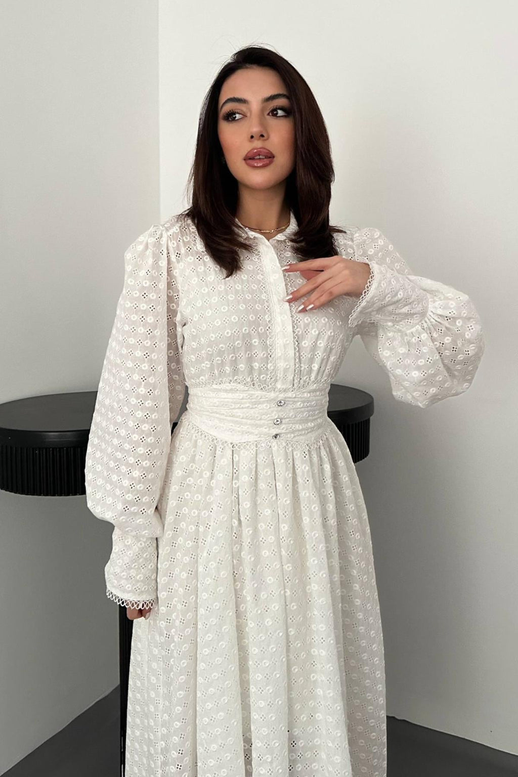 WHITE EMBROIDERED BELTED MAXI DRESS