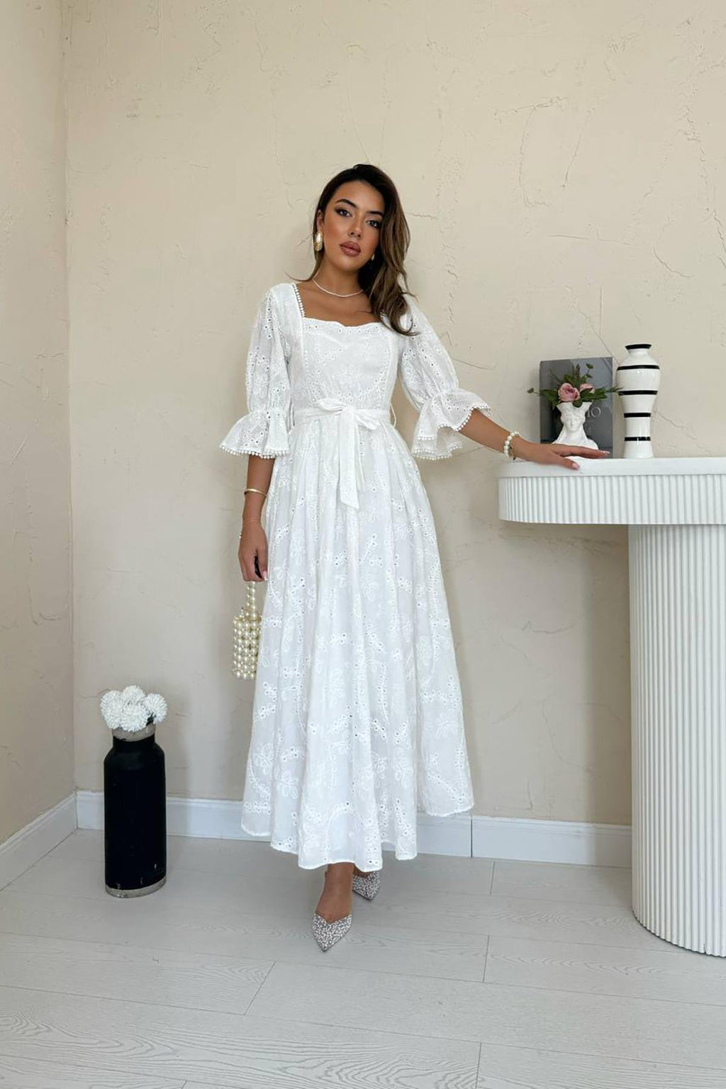 WHITE EMBROIDERED MAXI DRESS WITH ELASTIC SLEEVES