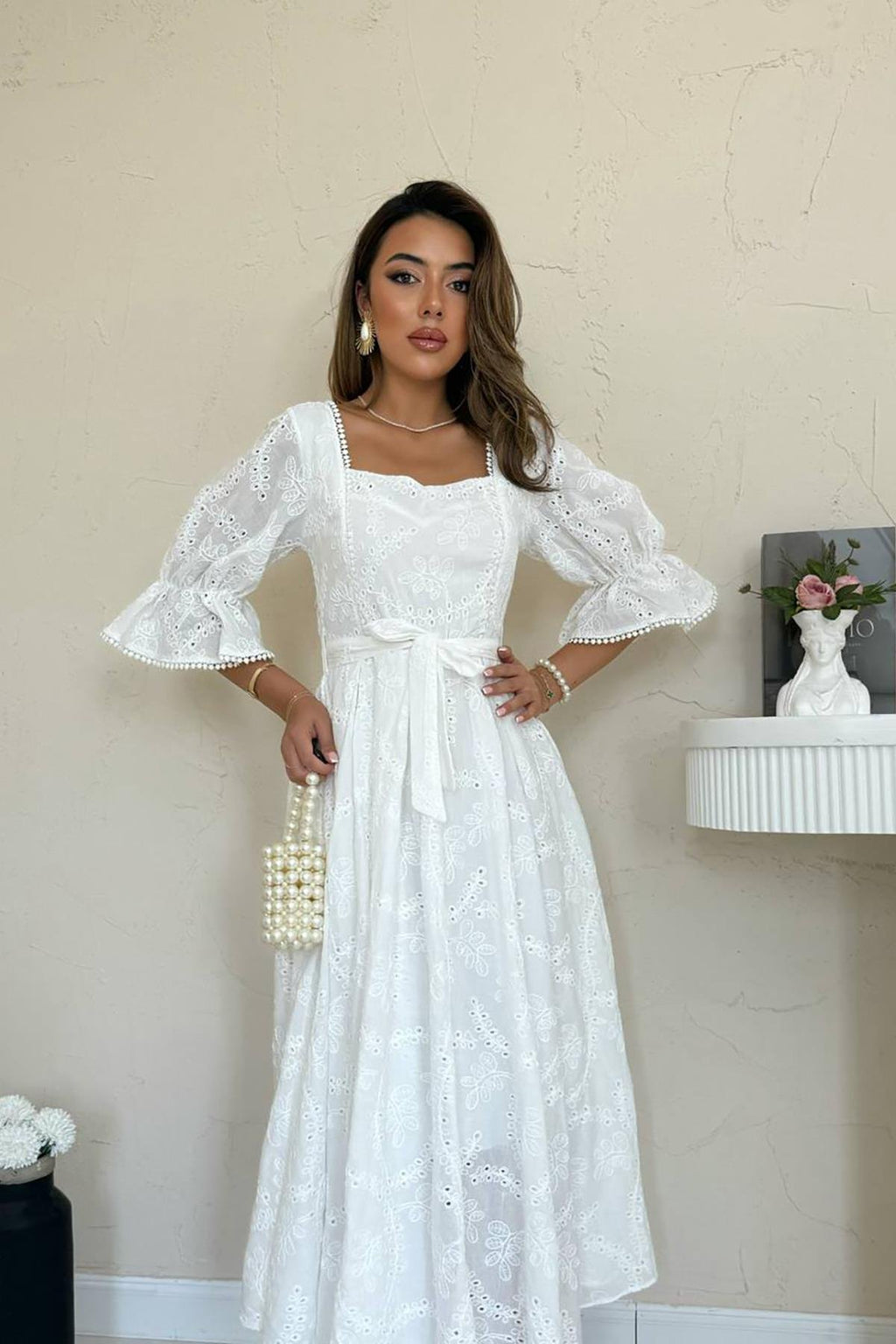 WHITE EMBROIDERED MAXI DRESS WITH ELASTIC SLEEVES