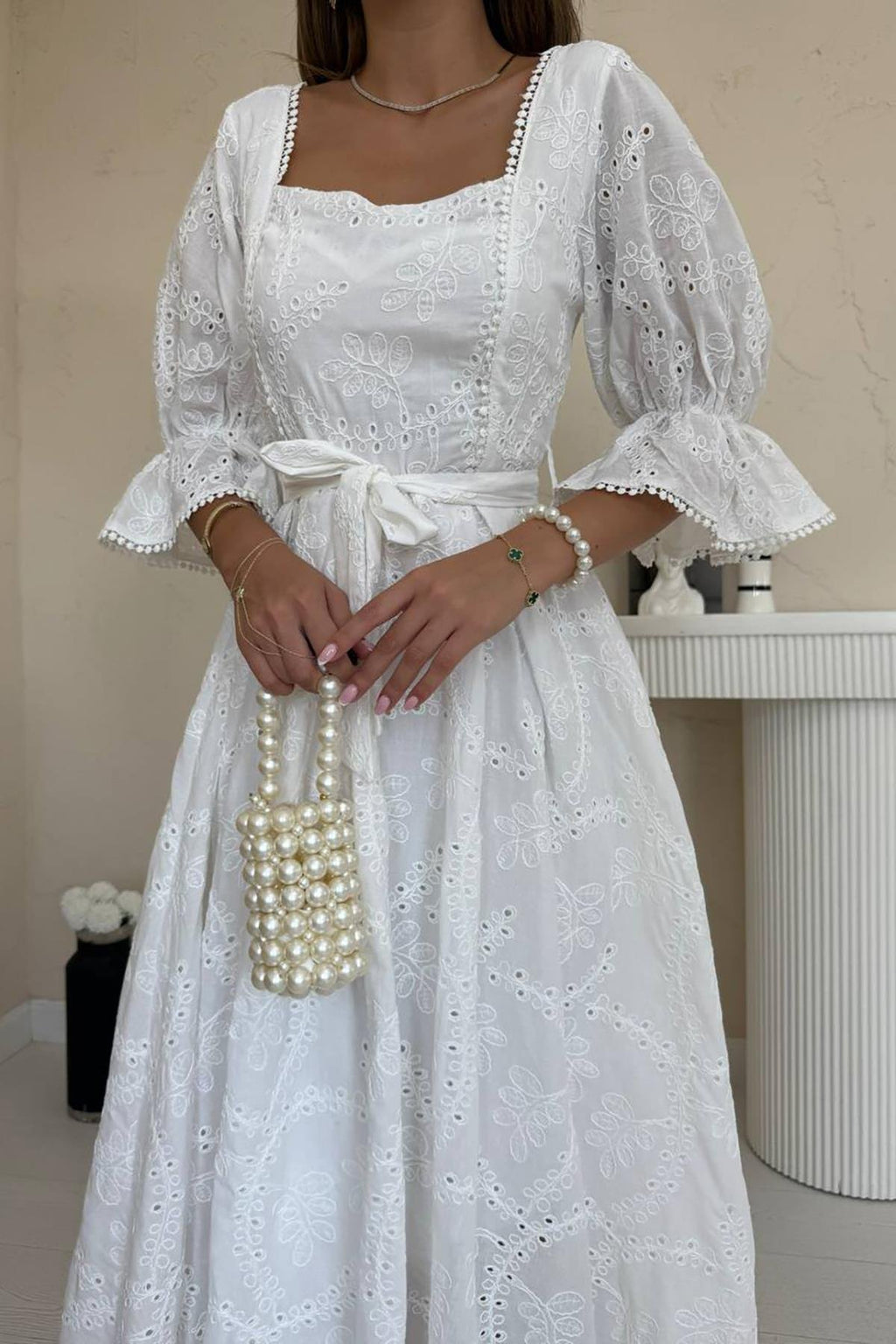 WHITE EMBROIDERED MAXI DRESS WITH ELASTIC SLEEVES