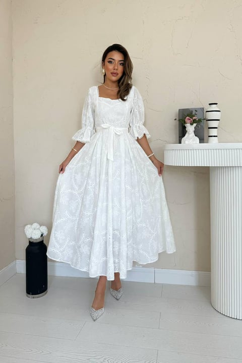 WHITE EMBROIDERED MAXI DRESS WITH ELASTIC SLEEVES