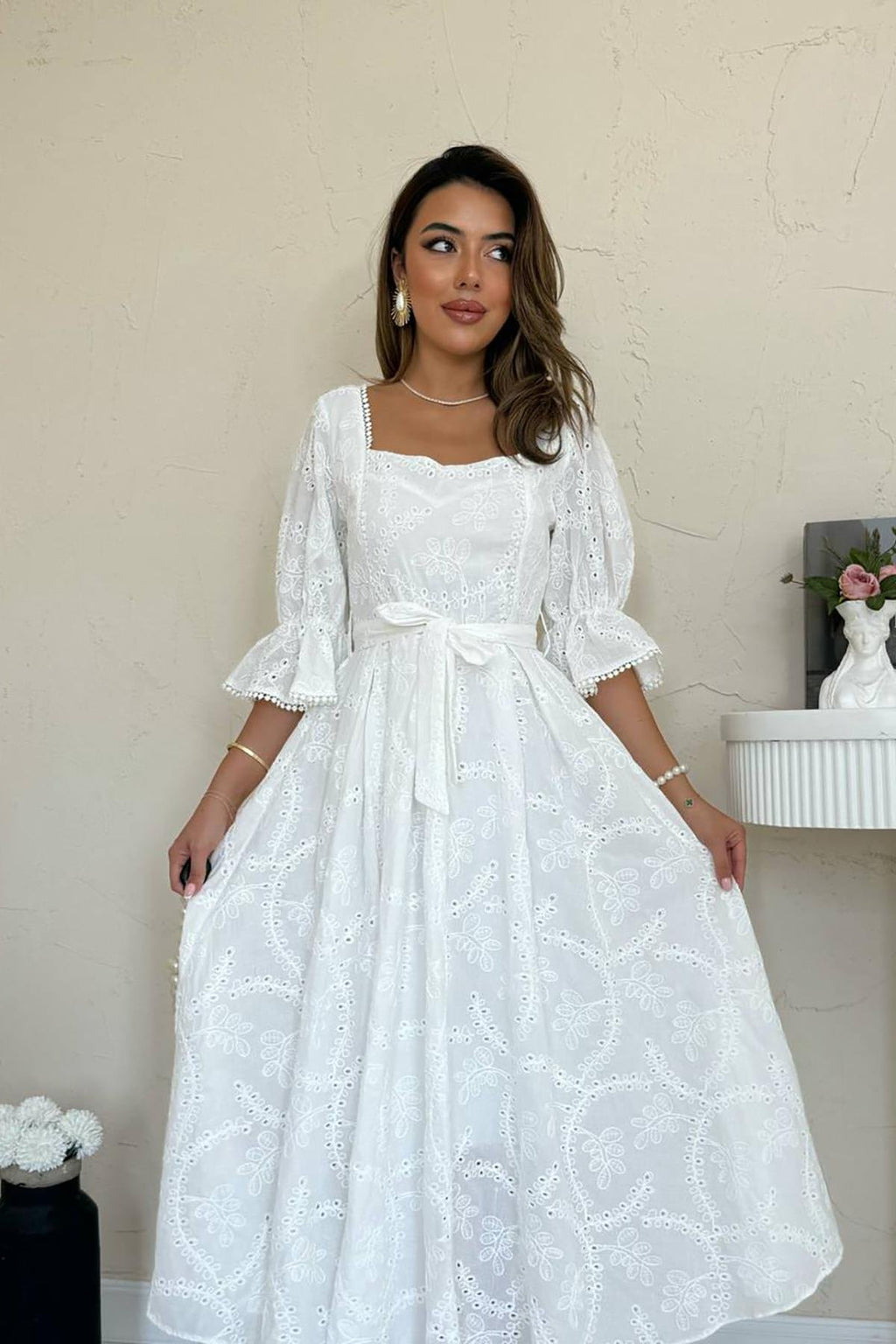 WHITE EMBROIDERED MAXI DRESS WITH ELASTIC SLEEVES