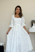 WHITE EMBROIDERED MAXI DRESS WITH ELASTIC SLEEVES