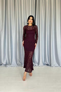 BURGUNDY LACE LONG SLEEVE EVENING DRESS