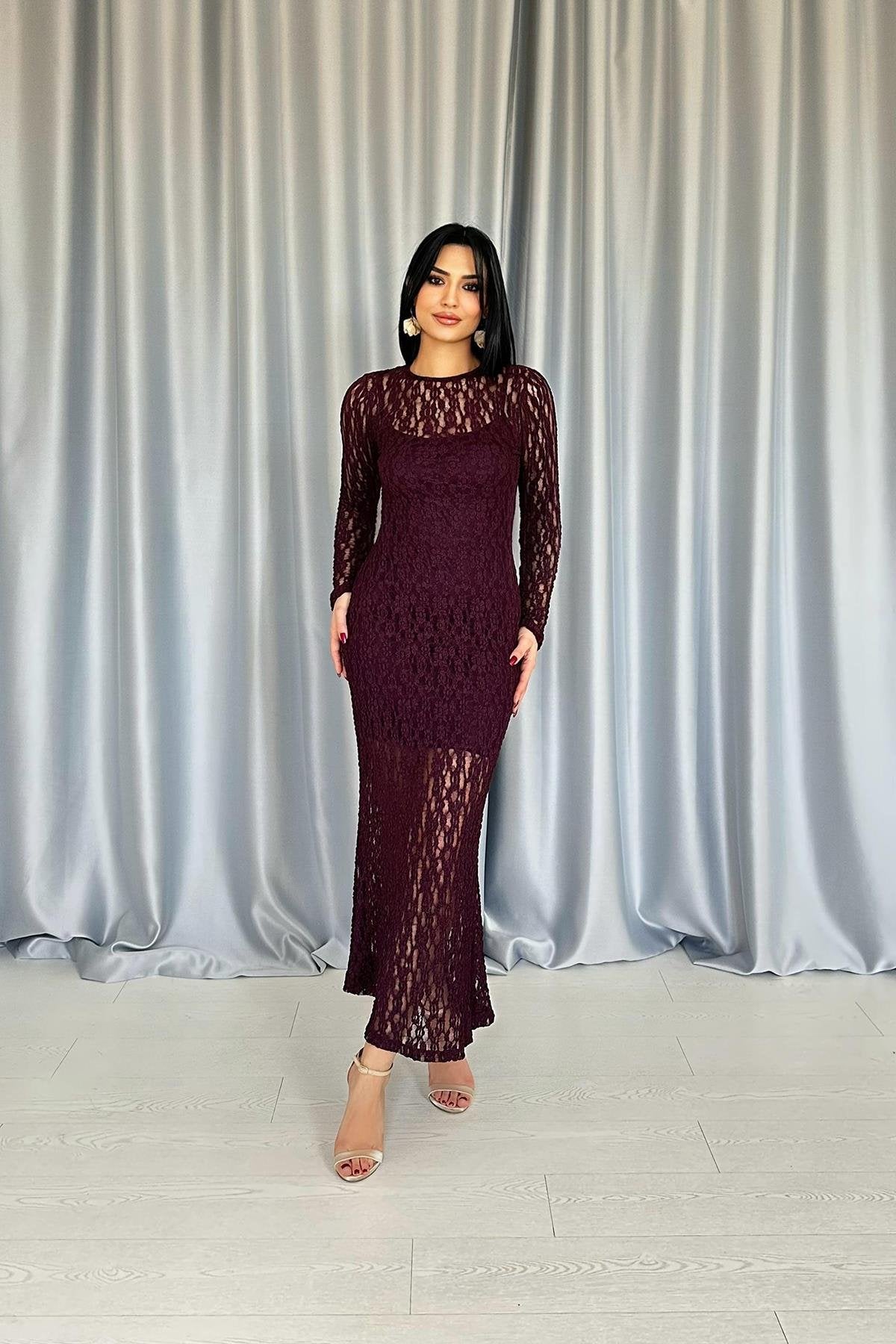BURGUNDY LACE LONG SLEEVE EVENING DRESS