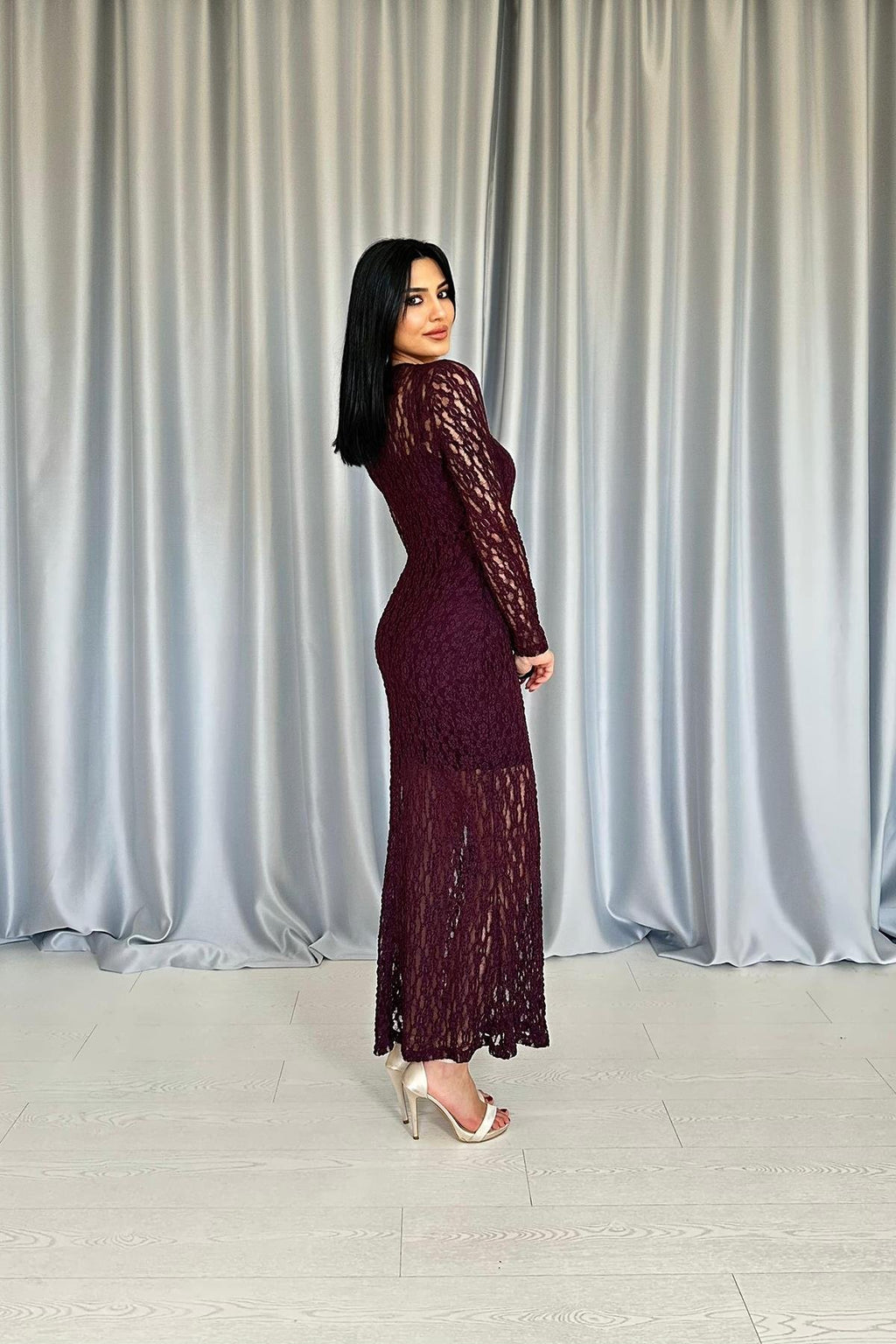 BURGUNDY LACE LONG SLEEVE EVENING DRESS