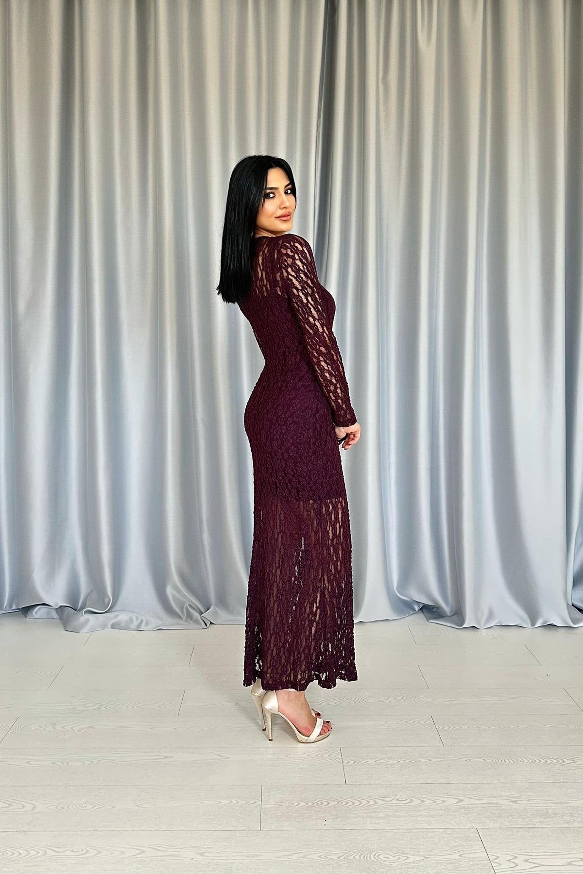 BURGUNDY LACE LONG SLEEVE EVENING DRESS