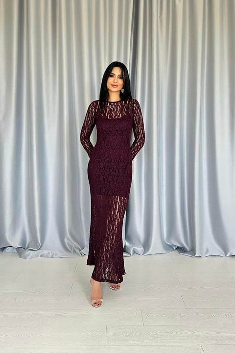 BURGUNDY LACE LONG SLEEVE EVENING DRESS
