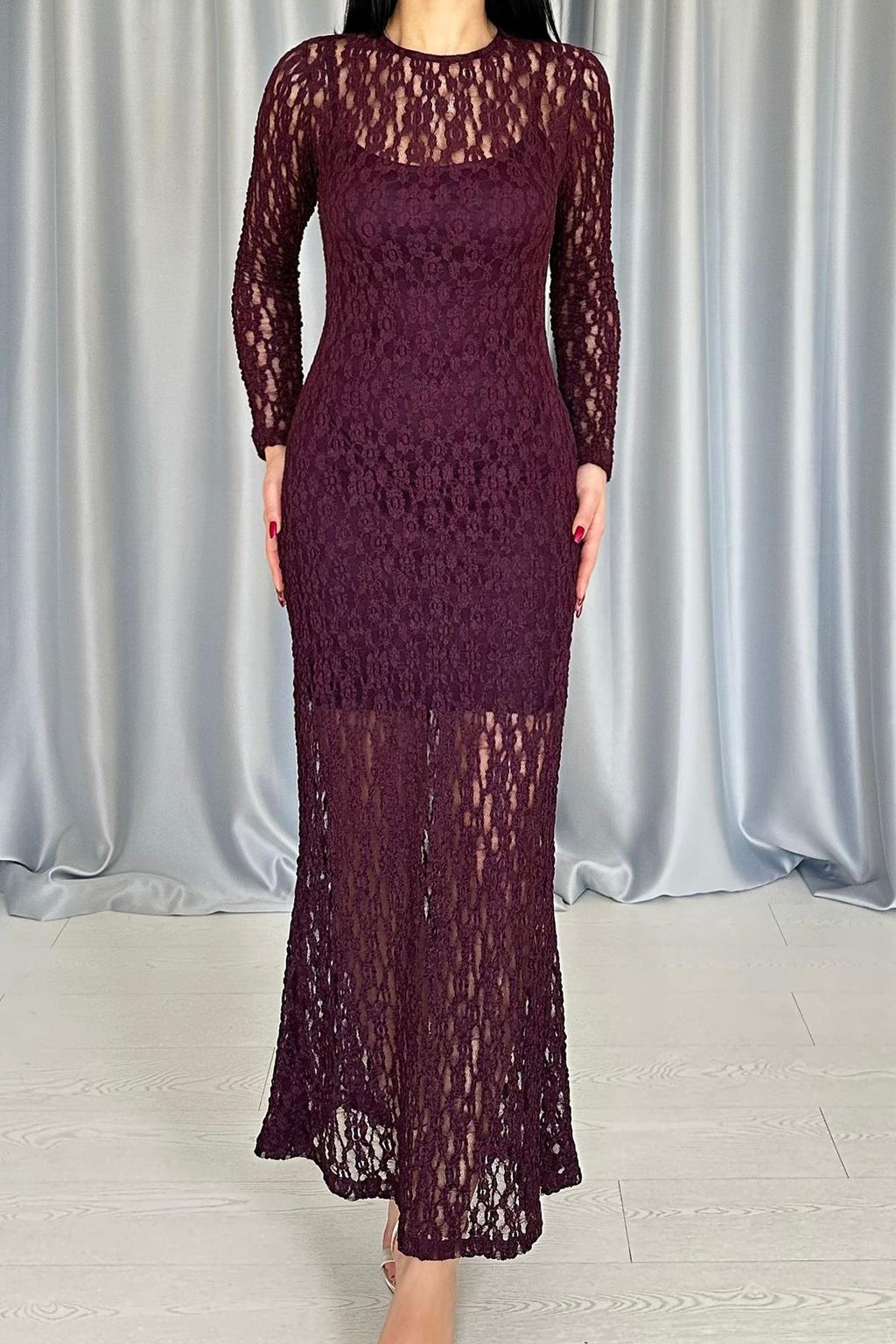 BURGUNDY LACE LONG SLEEVE EVENING DRESS