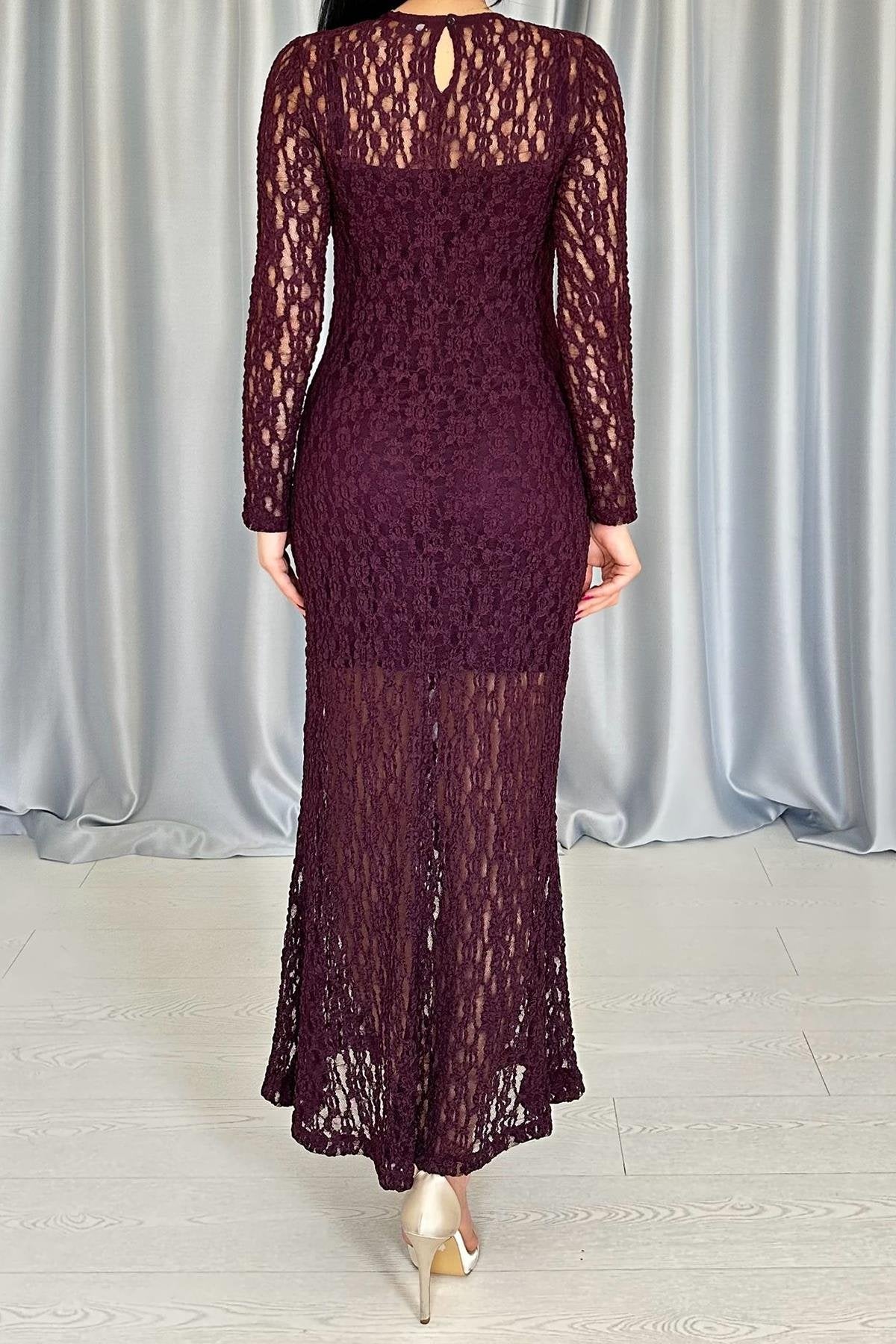 BURGUNDY LACE LONG SLEEVE EVENING DRESS