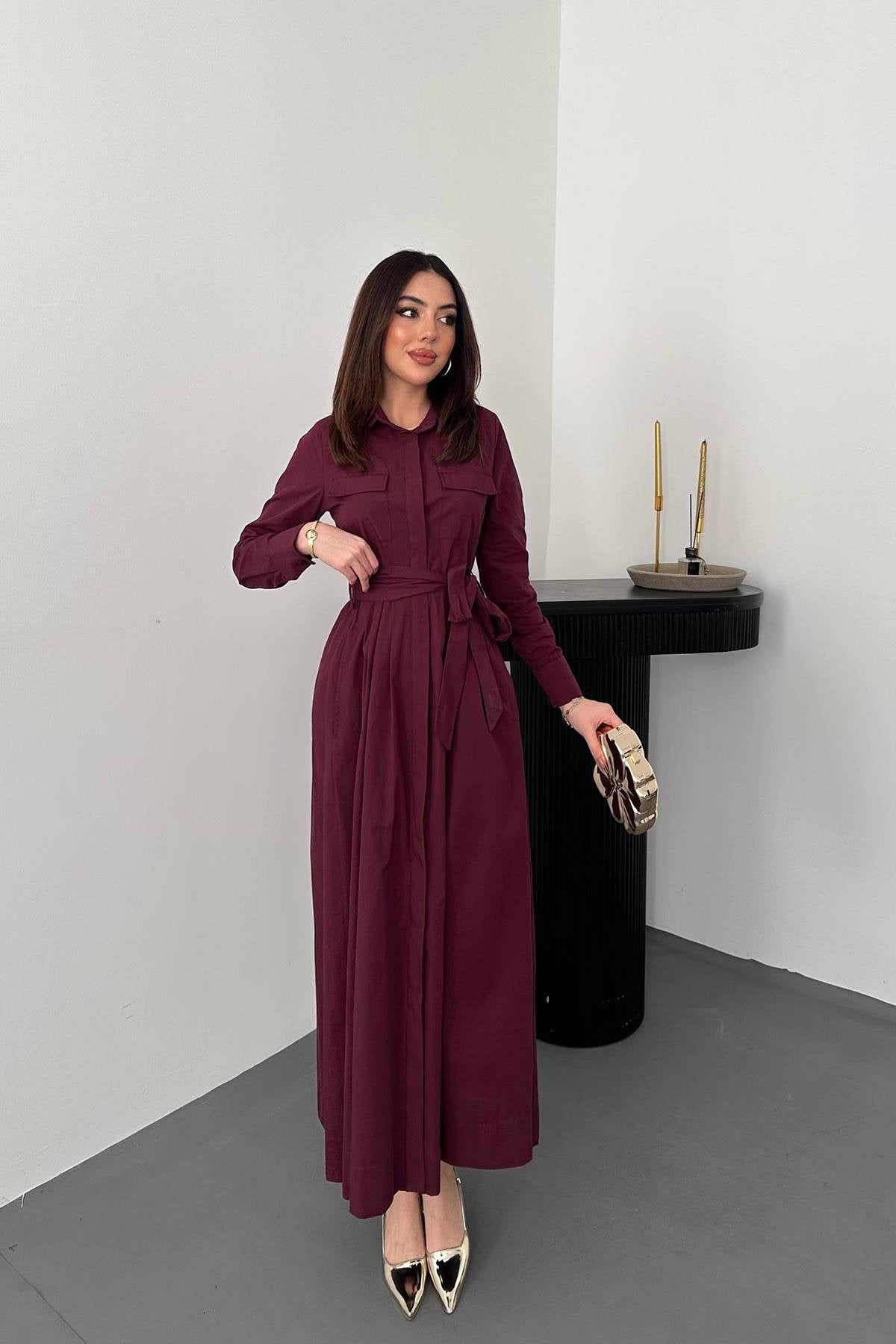 BURGUNDY BUTTON-DOWN POPLIN MIDI DRESS