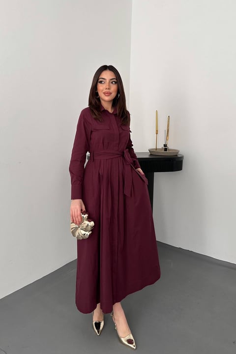 BURGUNDY BUTTON-DOWN POPLIN MIDI DRESS