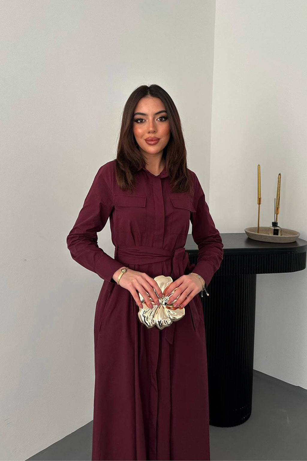 BURGUNDY BUTTON-DOWN POPLIN MIDI DRESS