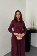 BURGUNDY BUTTON-DOWN POPLIN MIDI DRESS