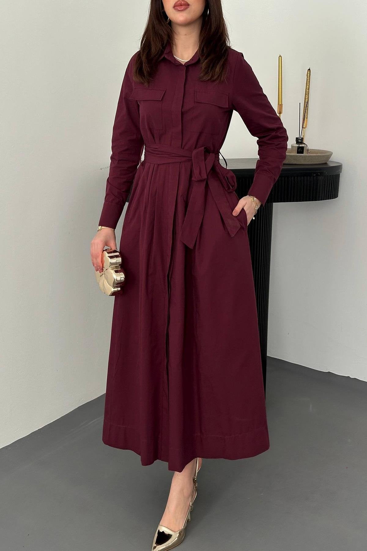 BURGUNDY BUTTON-DOWN POPLIN MIDI DRESS