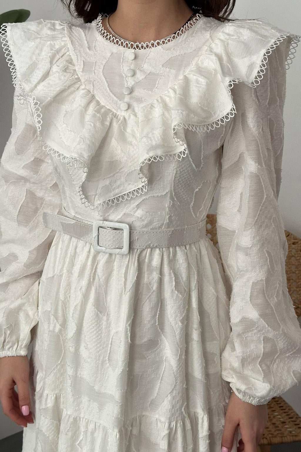 OFF-WHITE RUFFLED EMBROIDERED MAXI DRESS