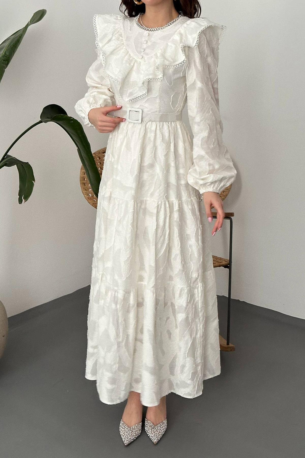 OFF-WHITE RUFFLED EMBROIDERED MAXI DRESS