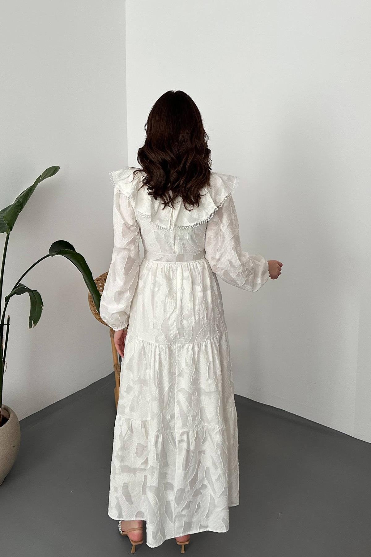 OFF-WHITE RUFFLED EMBROIDERED MAXI DRESS
