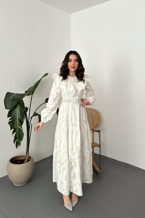 OFF-WHITE RUFFLED EMBROIDERED MAXI DRESS