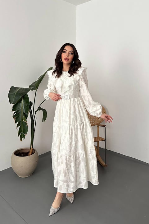 OFF-WHITE RUFFLED EMBROIDERED MAXI DRESS
