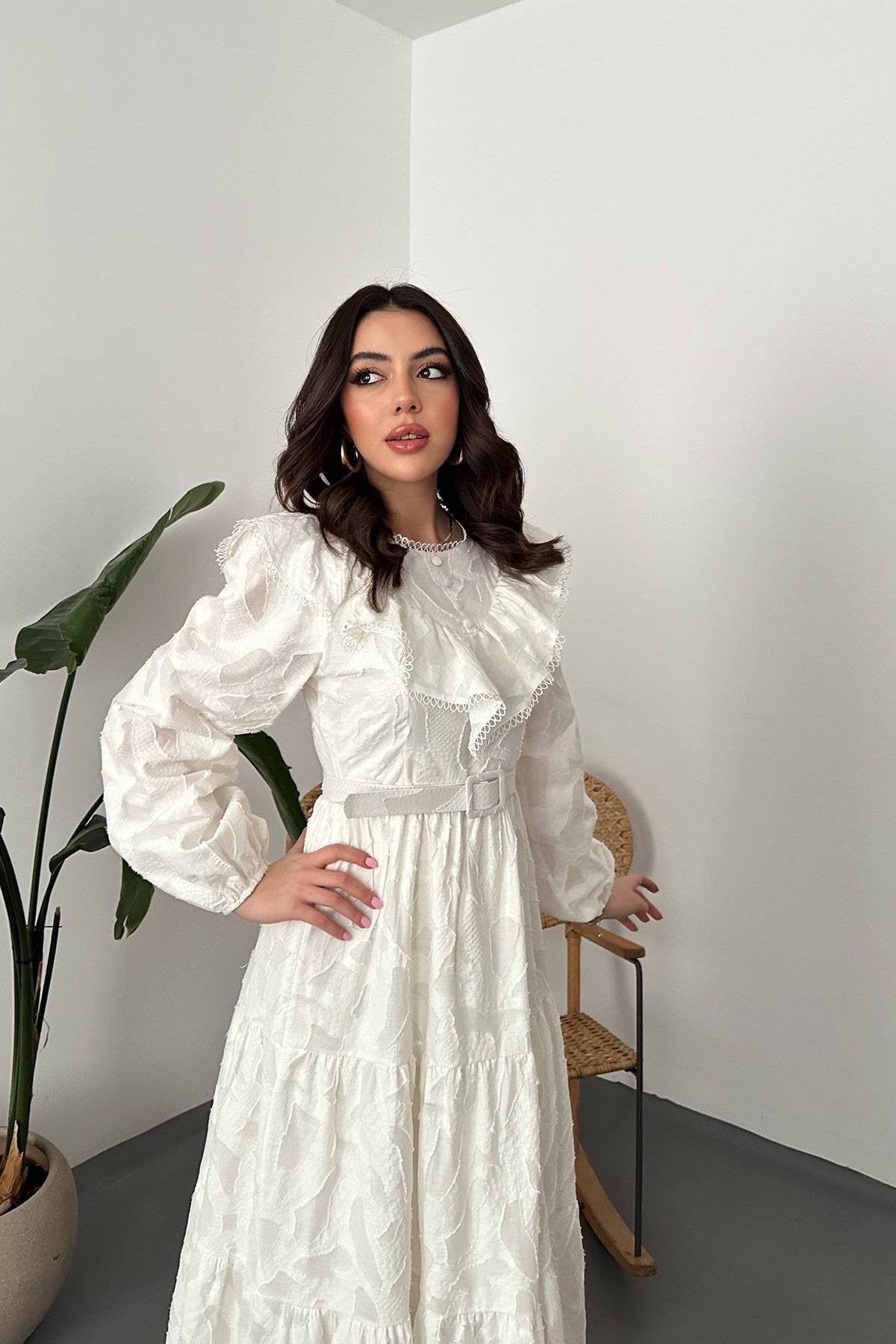 OFF-WHITE RUFFLED EMBROIDERED MAXI DRESS