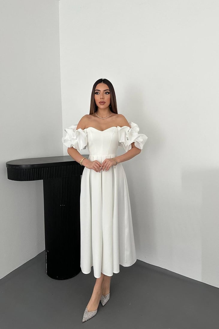 OFF WHITE SLEEVED BALLON PLEATED SATIN DRESS