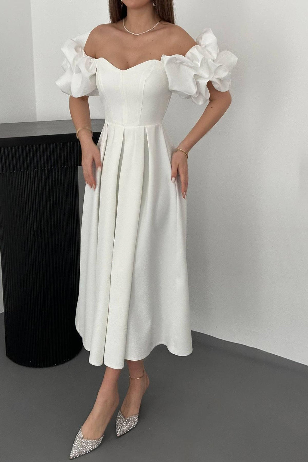 OFF-WHITE BALLOON SLEEVE PLEATED SATIN MAXI DRESS