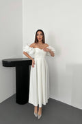 OFF-WHITE BALLOON SLEEVE PLEATED SATIN MAXI DRESS