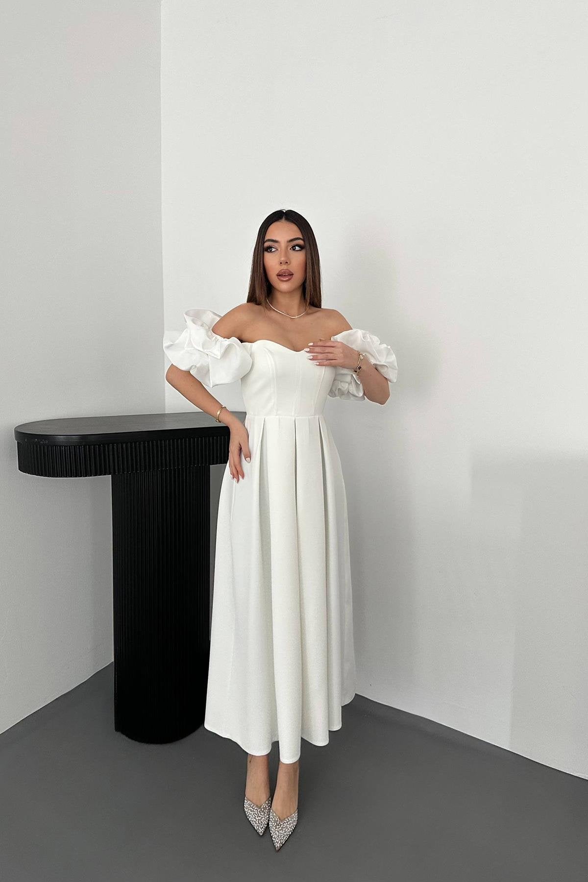 OFF WHITE SLEEVED BALLON PLEATED SATIN DRESS