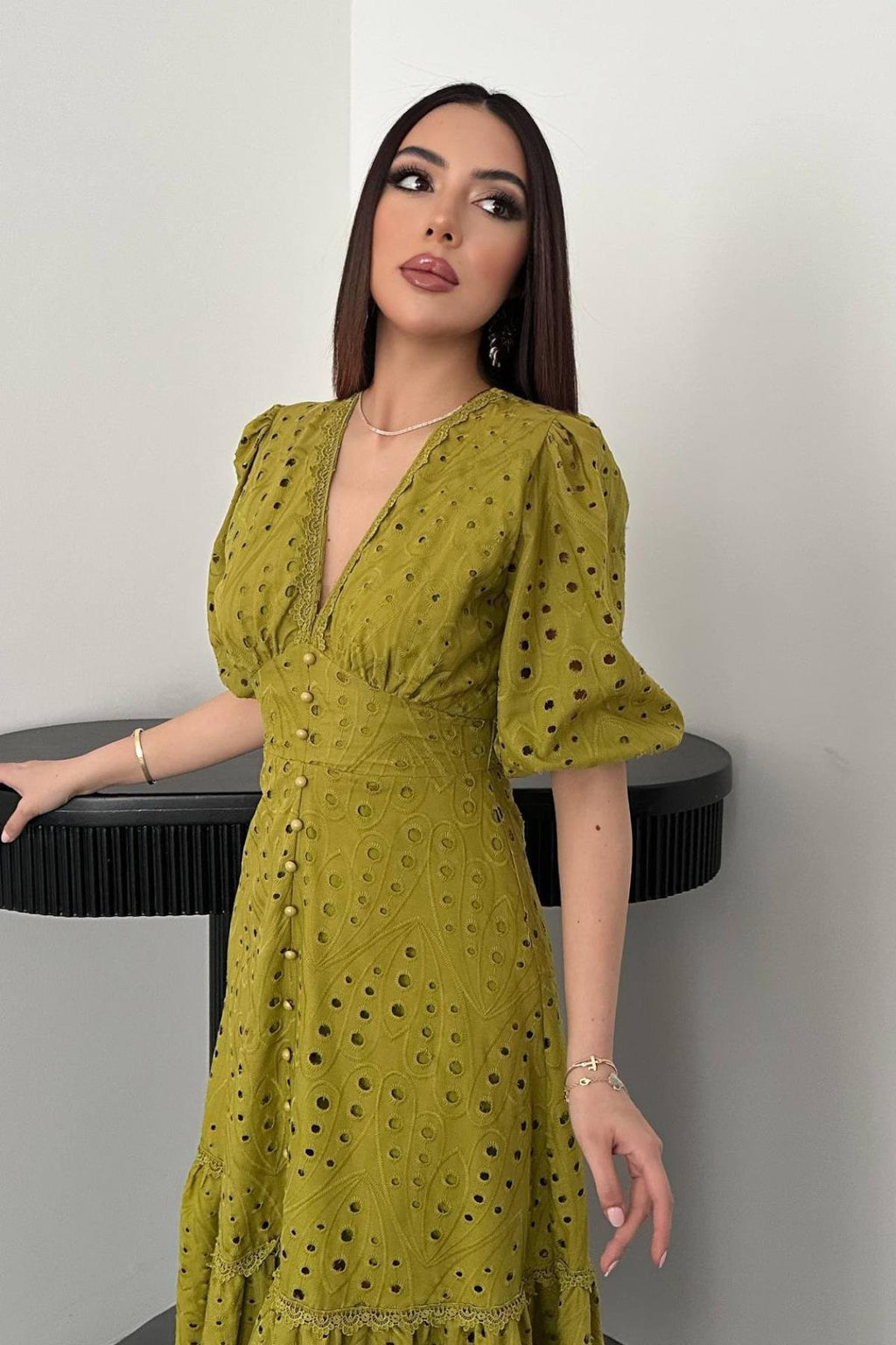 PISTACHIO GREEN LACE EMBROIDERED MAXI DRESS