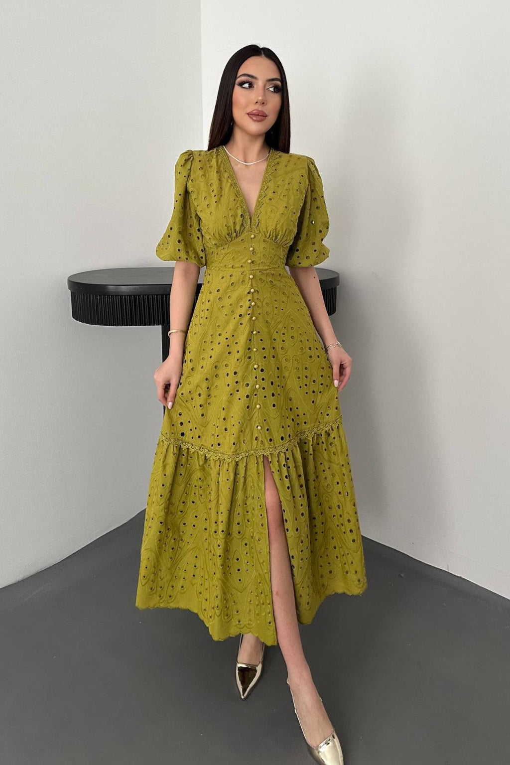PISTACHIO GREEN LACE EMBROIDERED MAXI DRESS
