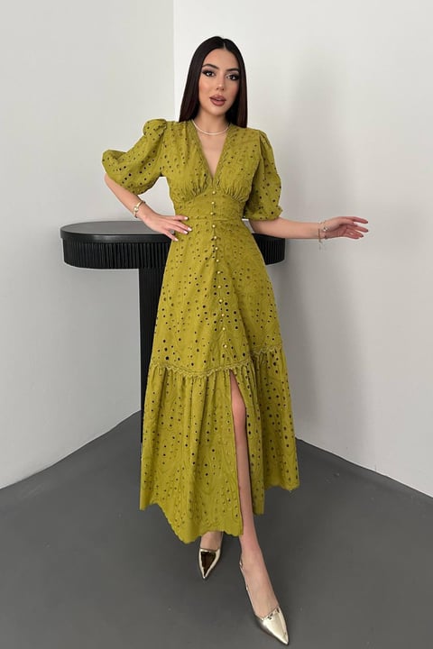 PISTACHIO GREEN LACE EMBROIDERED MAXI DRESS