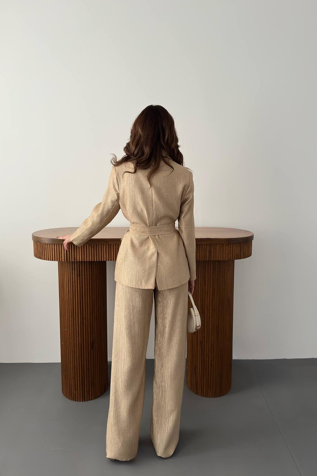 GOLD SHINY BELTED TWO-PIECE SUIT