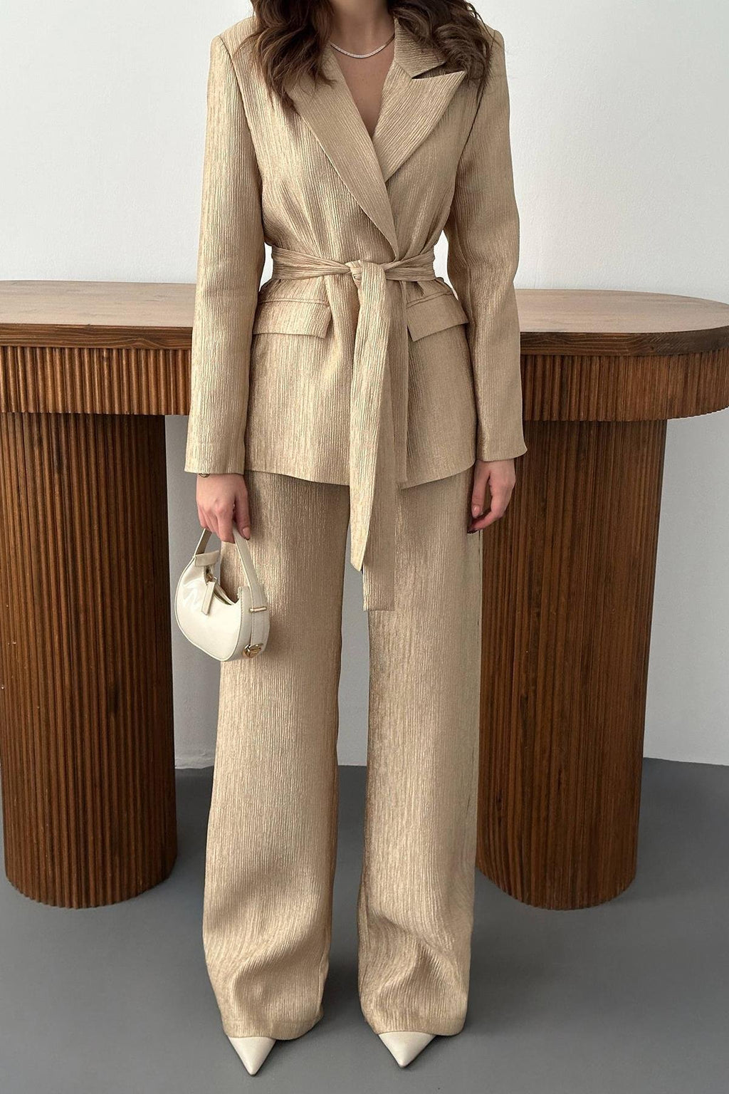 GOLD SHINY BELTED TWO-PIECE SUIT