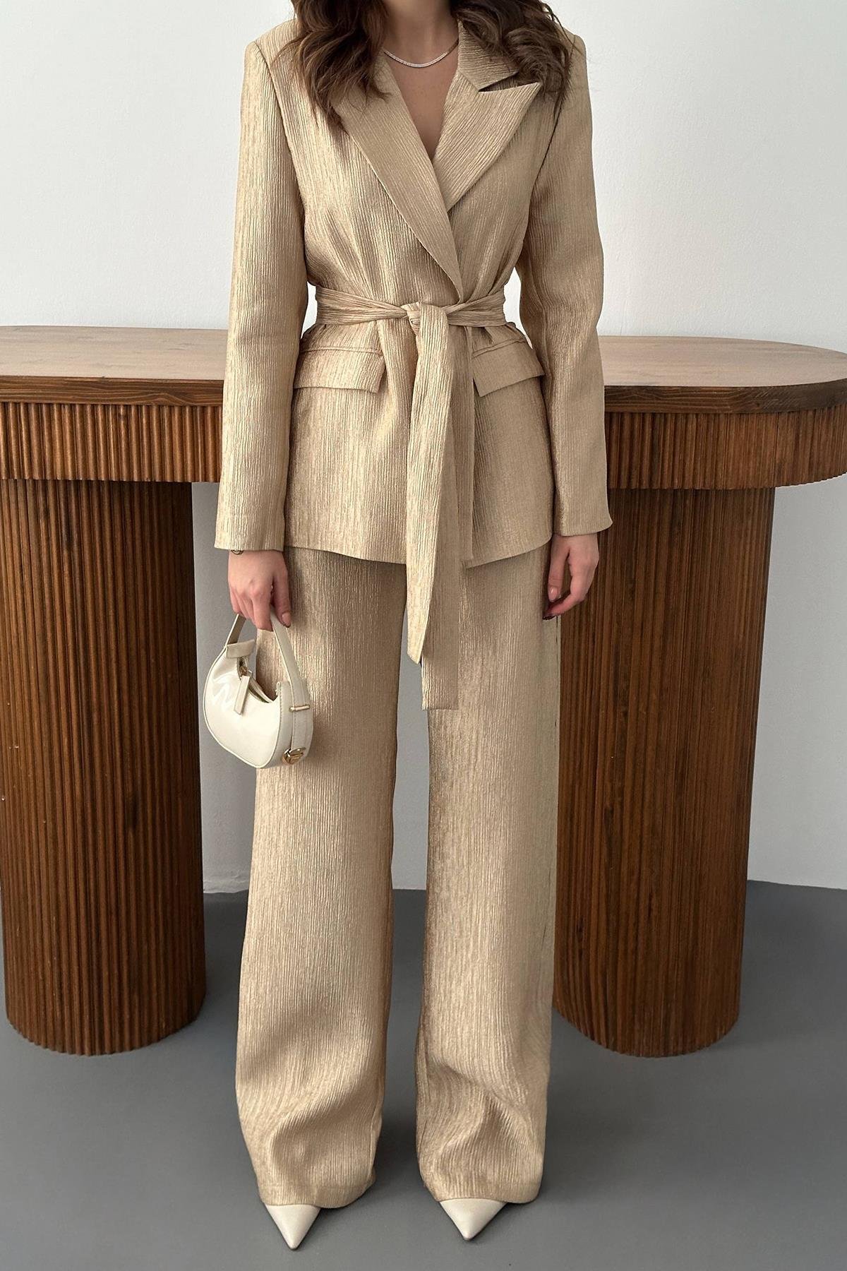 GOLD SHINY BELTED TWO-PIECE SUIT
