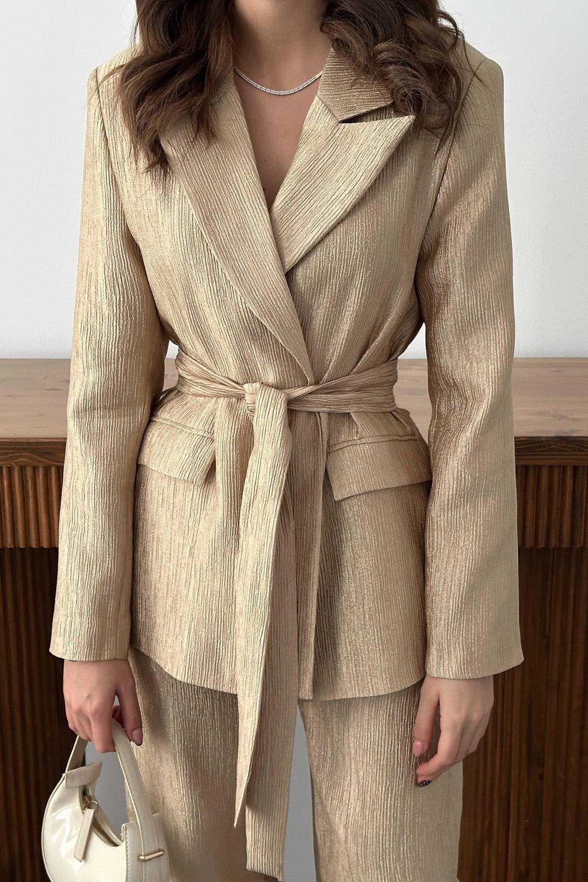 GOLD SHINY BELTED TWO-PIECE SUIT