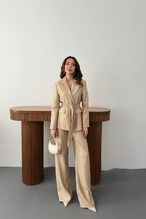 GOLD SHINY BELTED TWO-PIECE SUIT