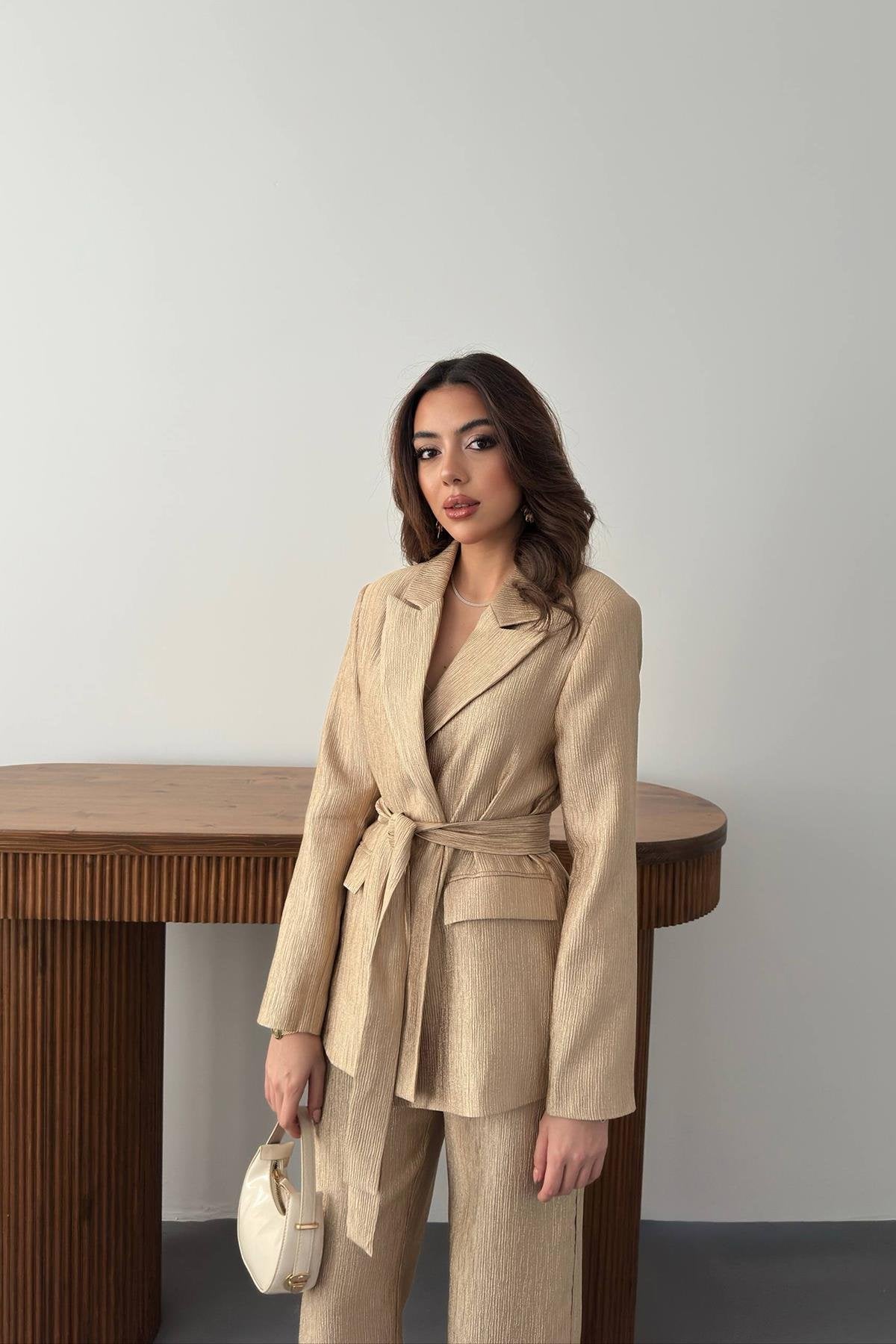 GOLD SHINY BELTED TWO-PIECE SUIT