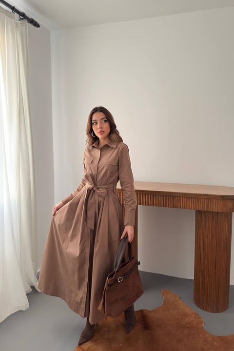 BROWN BUTTONED POPLIN MIDI DRESS WITH COLLAR