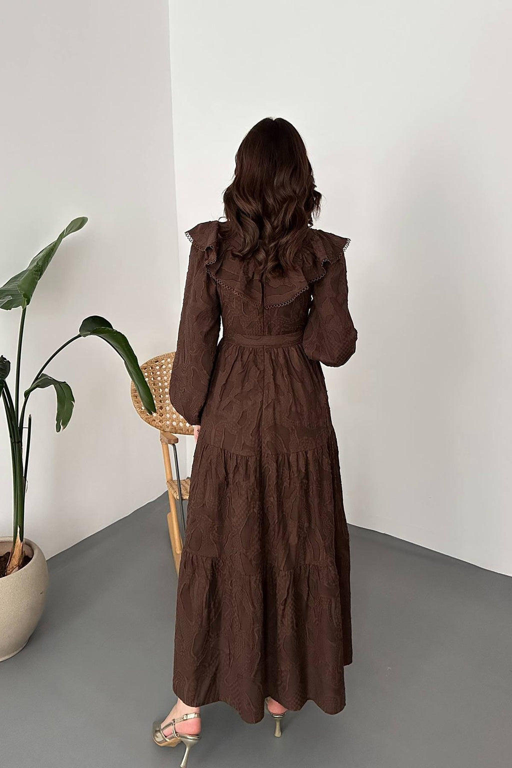 BROWN RUFFLED EMBROIDERED MAXI DRESS