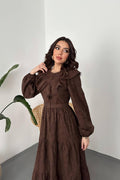 BROWN RUFFLED EMBROIDERED MAXI DRESS