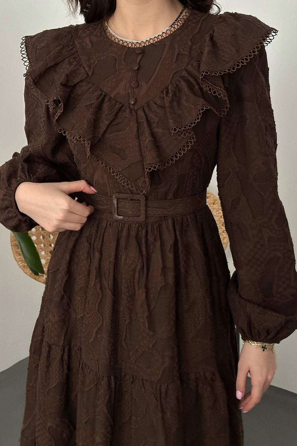 BROWN RUFFLED EMBROIDERED MAXI DRESS