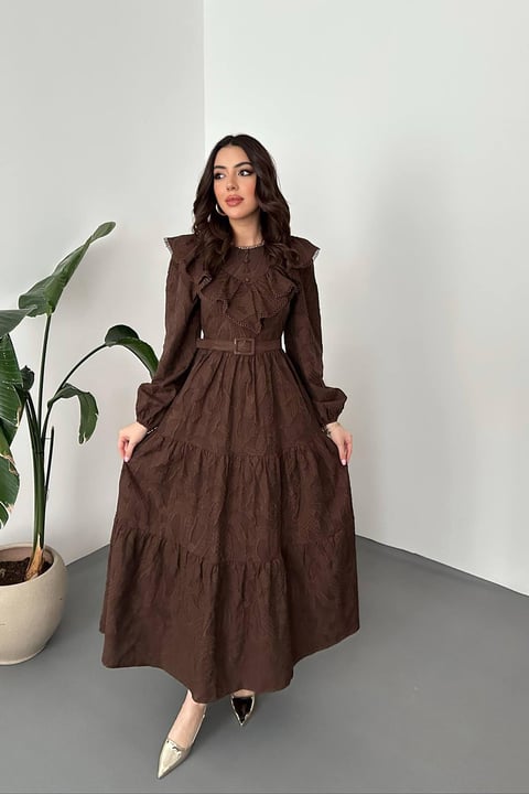 BROWN RUFFLED EMBROIDERED MAXI DRESS