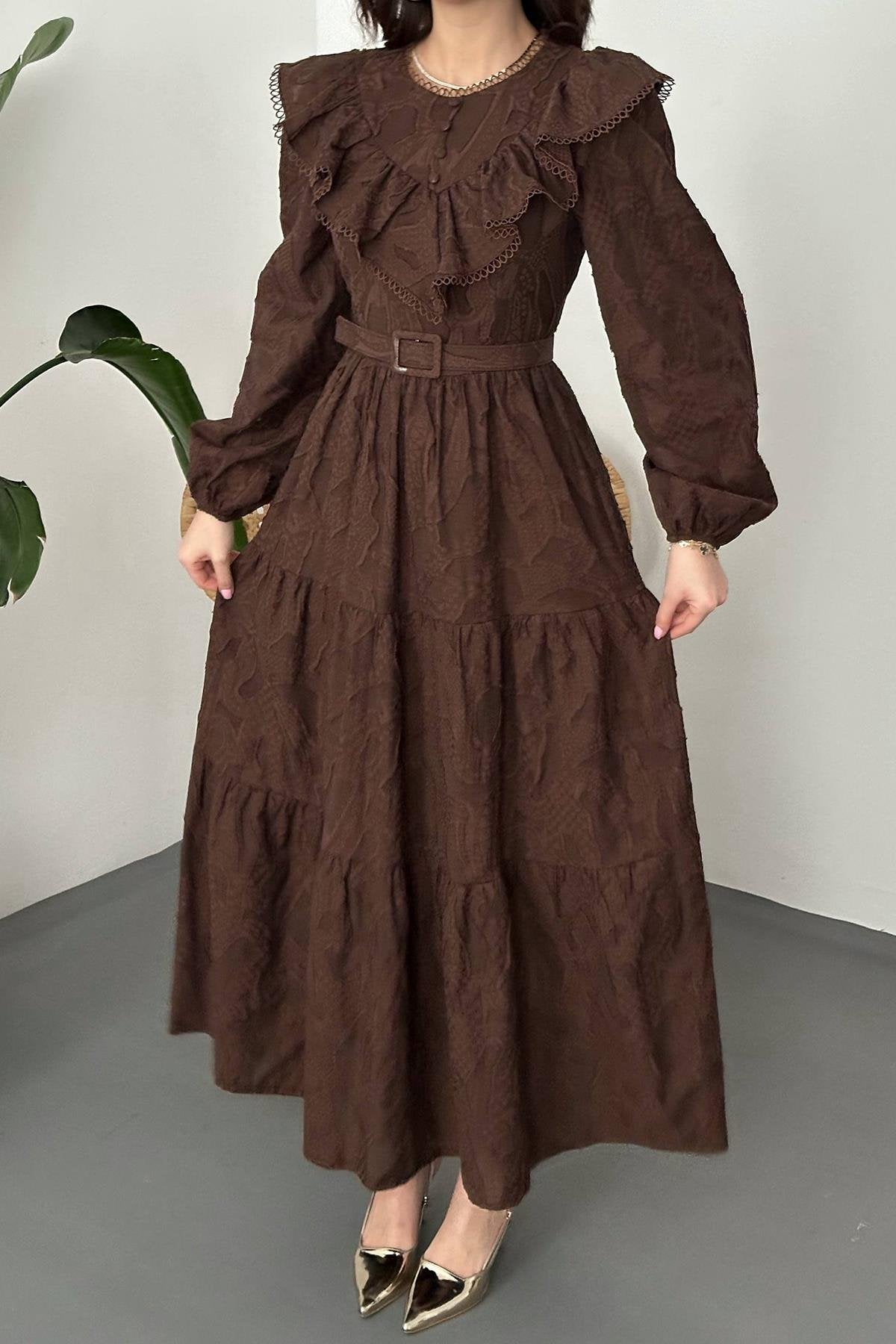 BROWN RUFFLED EMBROIDERED MAXI DRESS