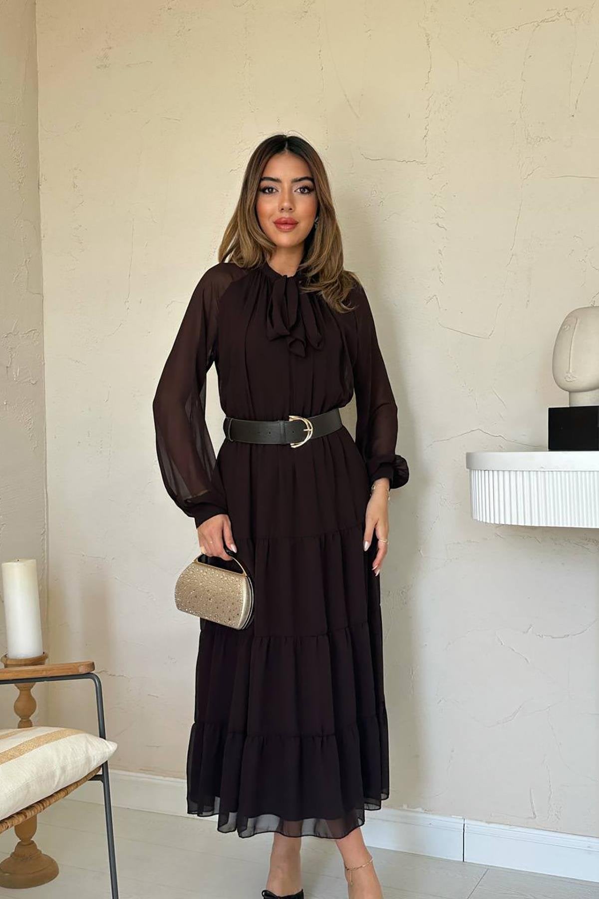 Brown Chiffon Dress with Scarf Collar detail