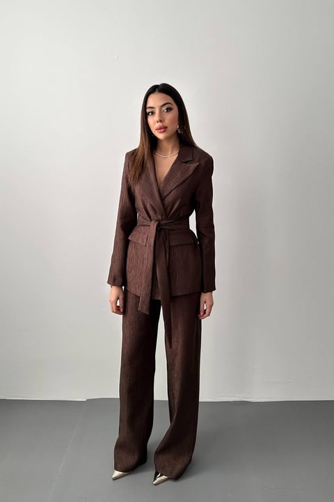 BROWN SHINY BELTED TWO-PIECE SUIT