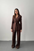 BROWN SHINY BELTED TWO-PIECE SUIT