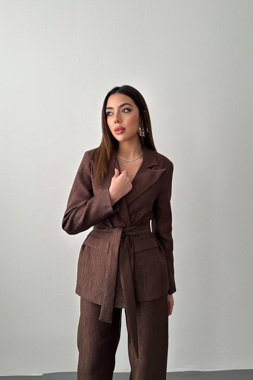 BROWN SHINY BELTED TWO-PIECE SUIT