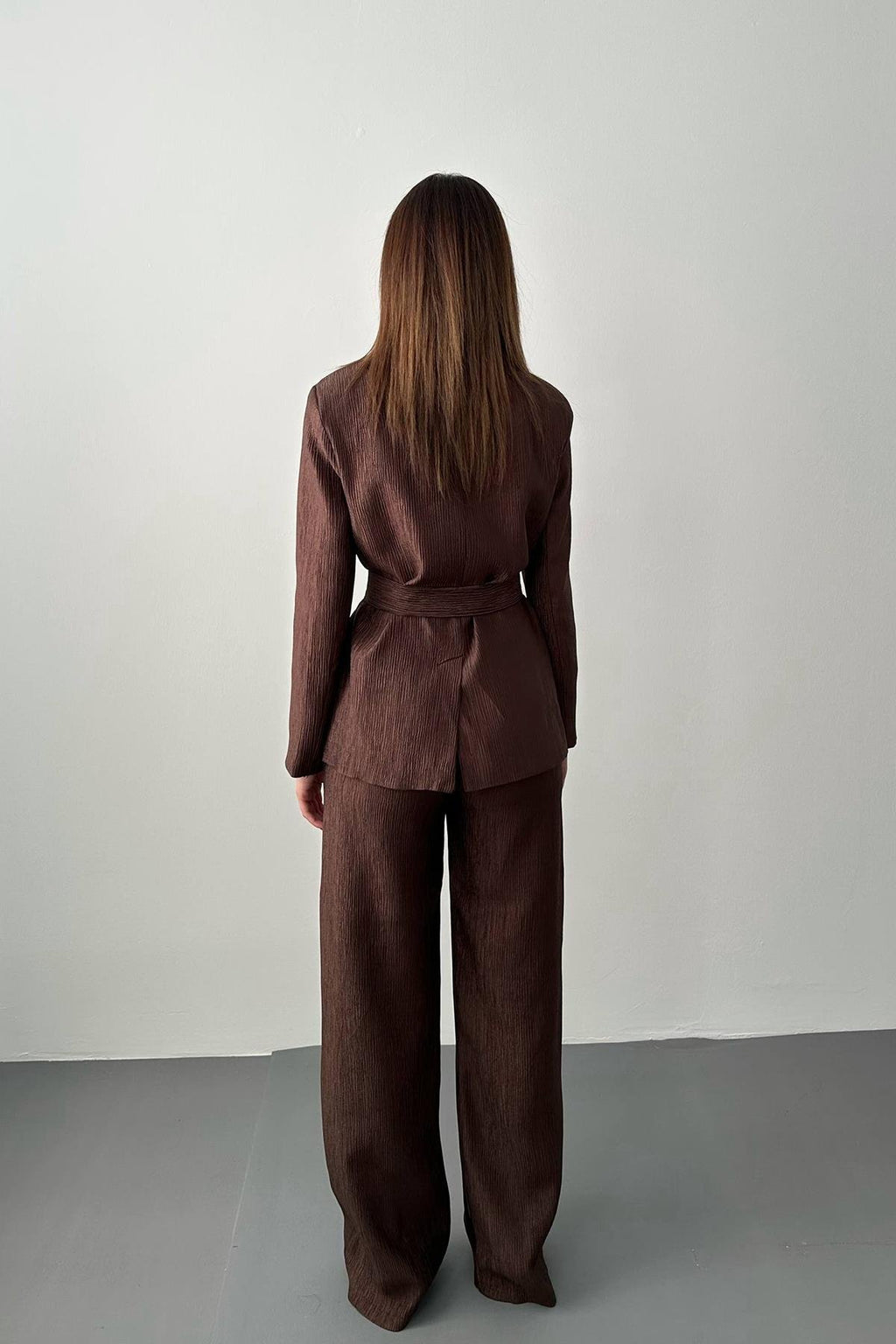 BROWN SHINY BELTED TWO-PIECE SUIT